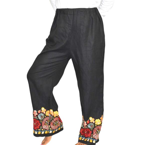 Black Linen Pant Embroidery Border Hem Floral Elastic High Waist Straight Medium - Picture 2 of 14